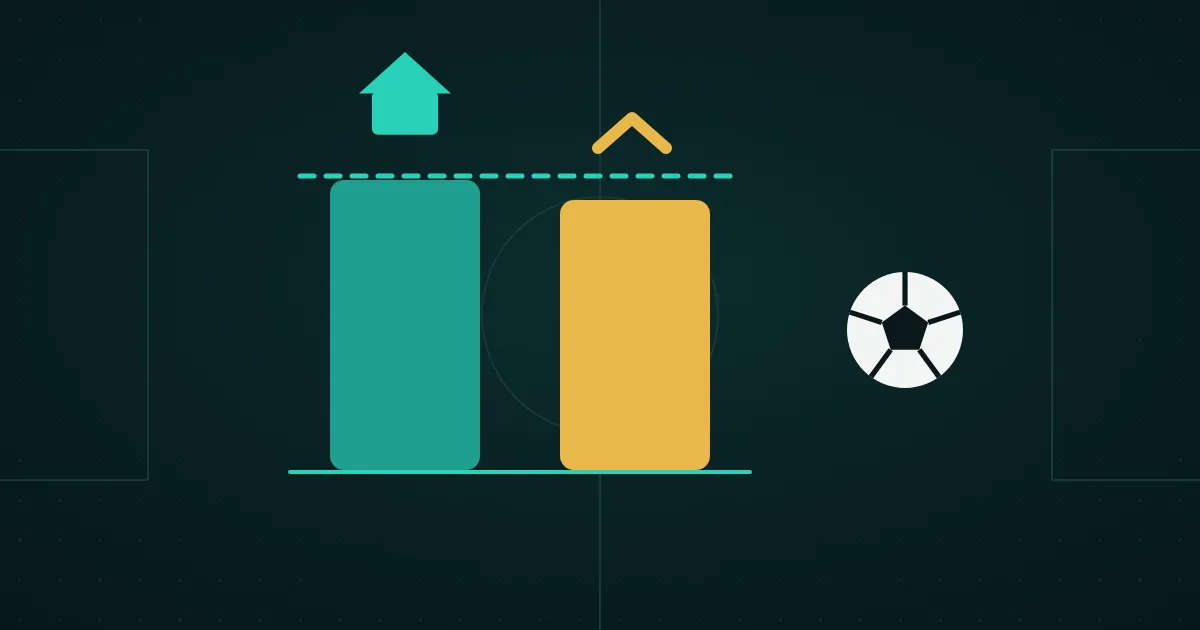 Two almost level bars, a house above the teal one and an arrow above the yellow one, next to a football on a dark pitch