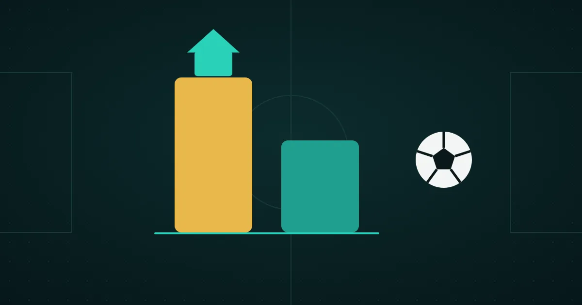A house icon above a tall bar chart beside a shorter one, next to a football on a dark pitch