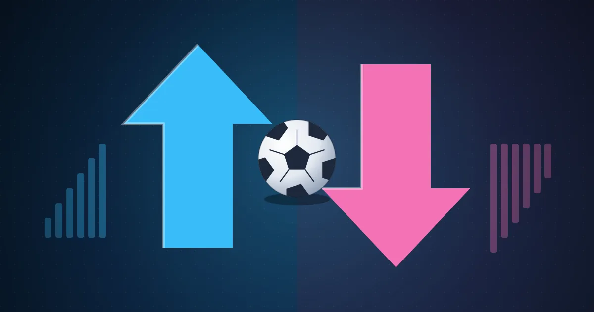 Blue back arrow pointing up and pink lay arrow pointing down either side of a football
