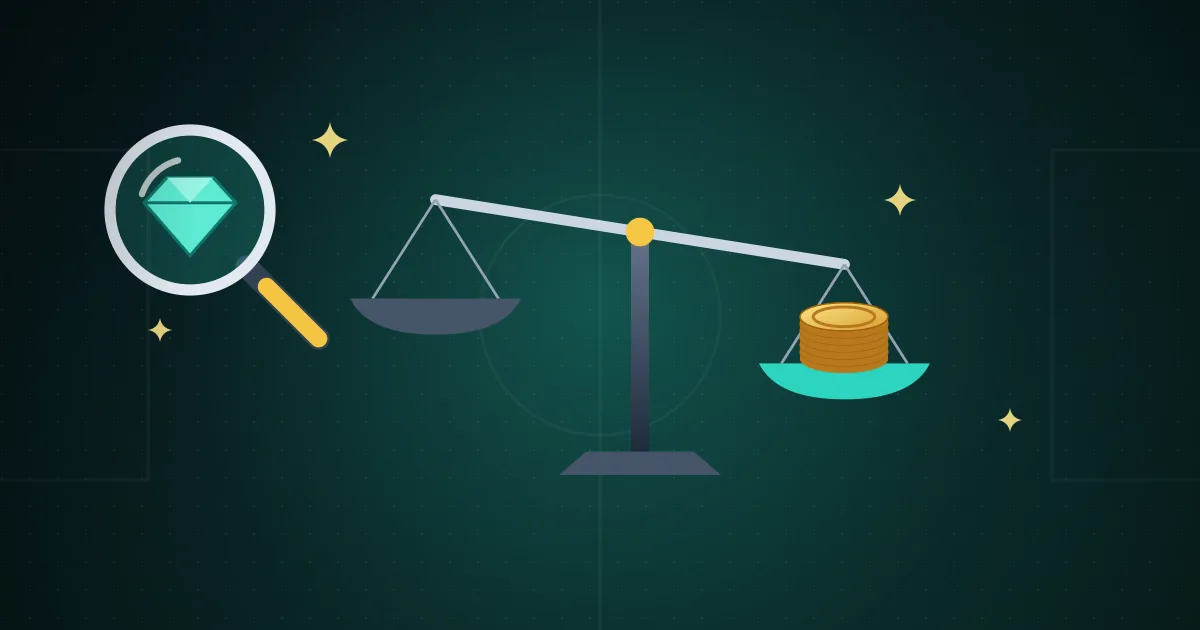 Magnifying glass revealing a gem beside a balance scale weighted with gold coins